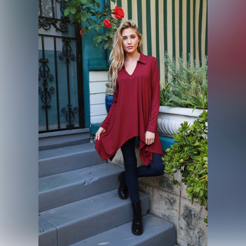 Hanky Hem Burgundy Long Sleeve Tunic/Top